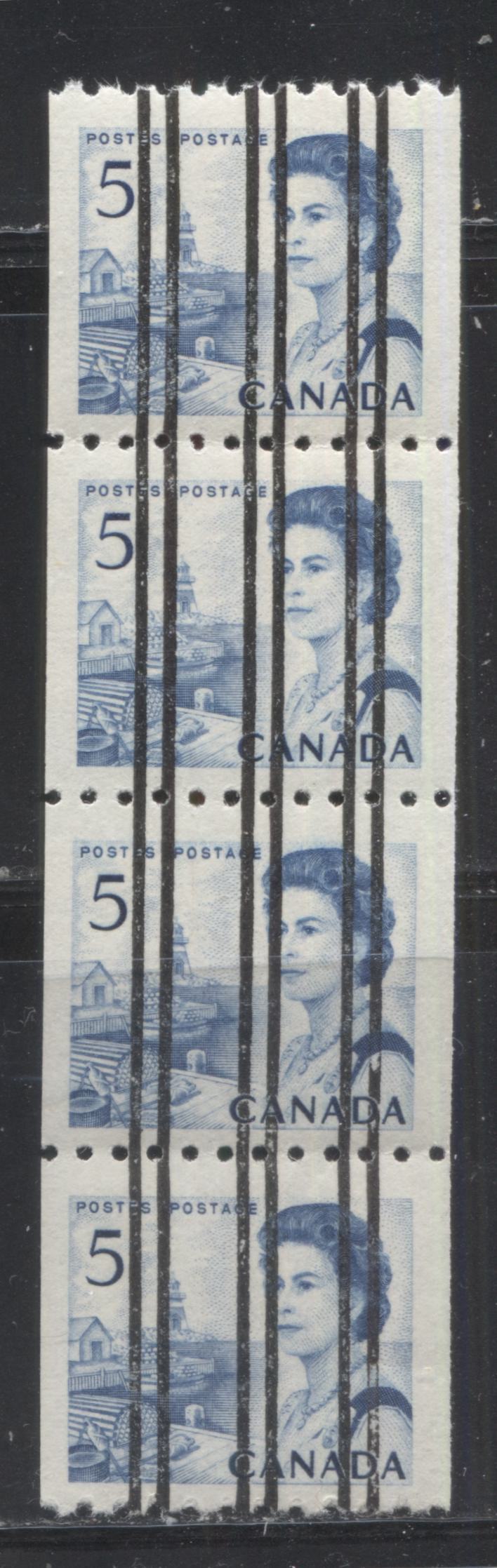 Lot 246 Canada #468iii 5c Blue Fishing Village, 1967-1973 Centennial Definitive Issue, A VFNH Precanclelled Coil Jump Strip, LF-fl Bluish White, Vertical Wove, Streaky Dex