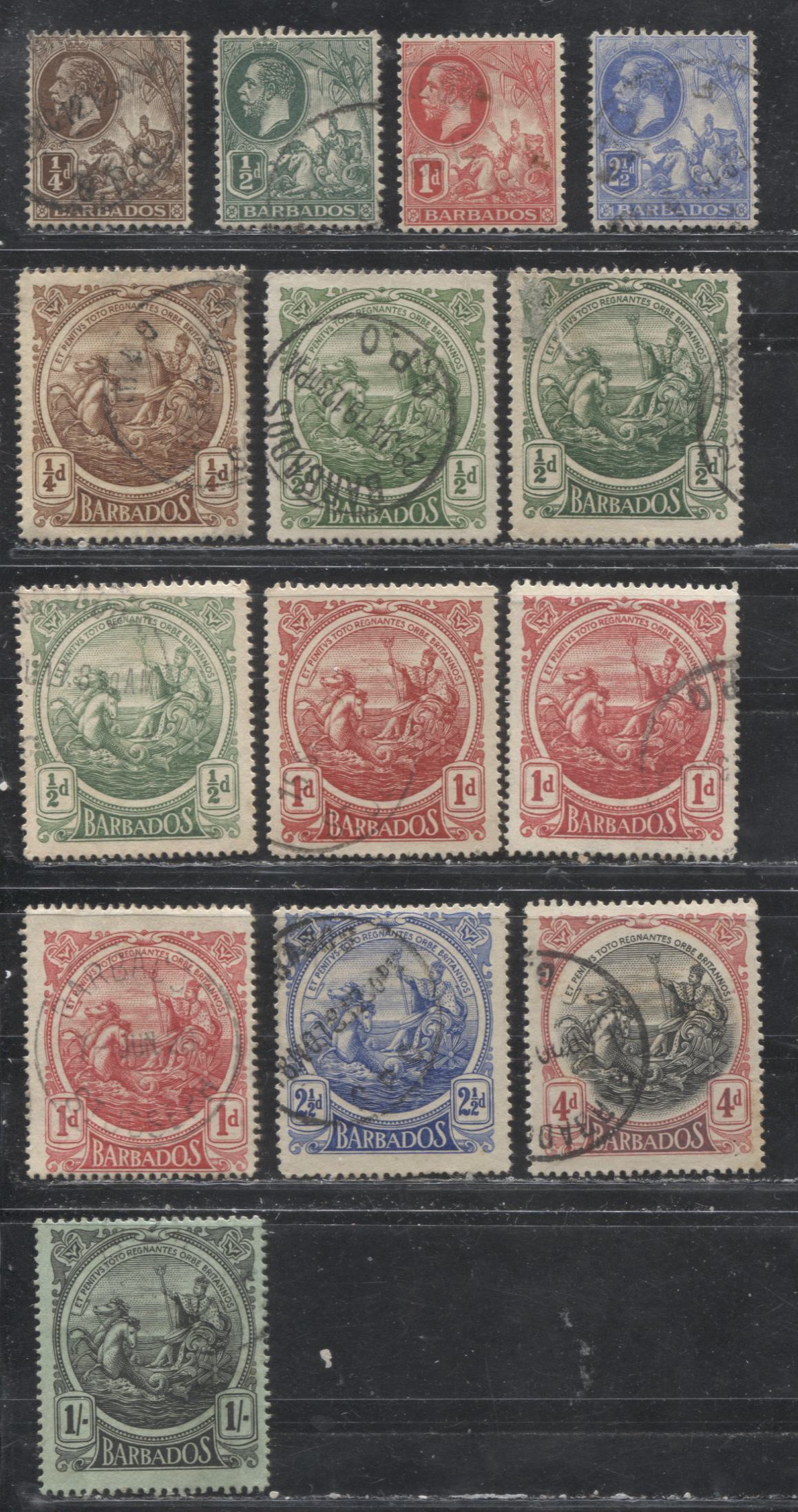 Lot 246 Barbados SG#170/189 1/4d - 1/- Brown - Black on Green Badge of the Colony, 1912-1919 Engraved and Keyplate Colonial Badge Issues, Fourteen Fine and VF Used Examples