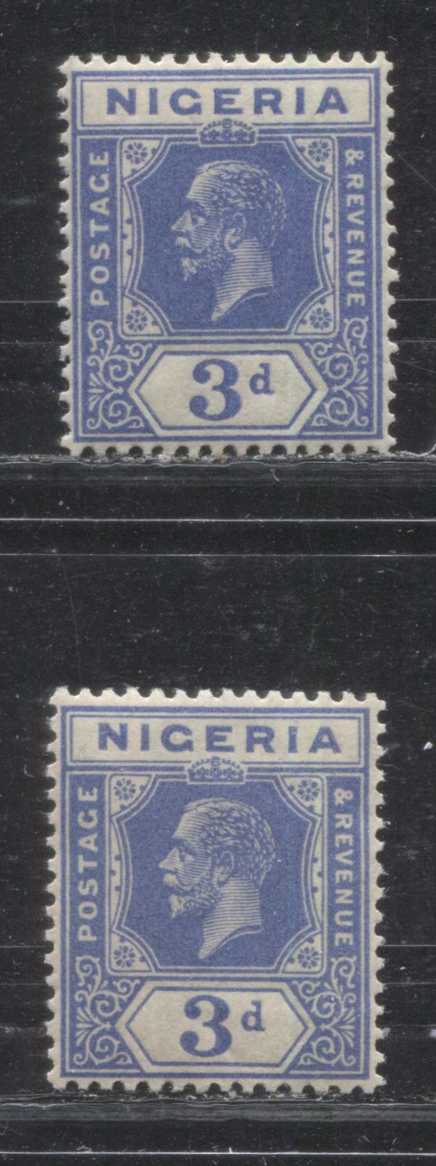 Lot 246 Nigeria SG# 23 3d Blue King George V, 1921-1932 Multiple Script CA Imperium Keyplate Issue, Two VFNH Examples, Die 2, All From Different Printings, With Different Head and Duty Plate Shades