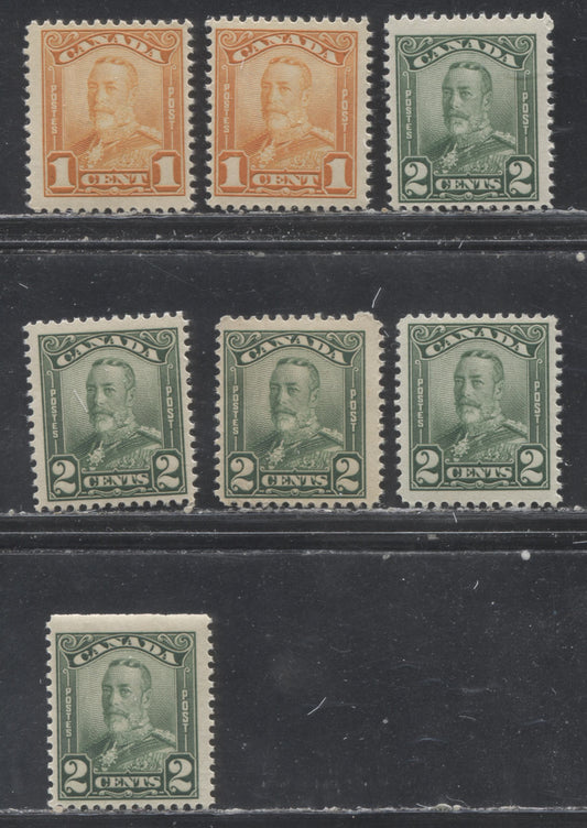 Lot 247 Canada #149-150as 1c & 2c Orange & Green King George V, 1928-1929 Scroll Issue, 7 Fine NH Sheet and Booklet Singles With Additional Shades