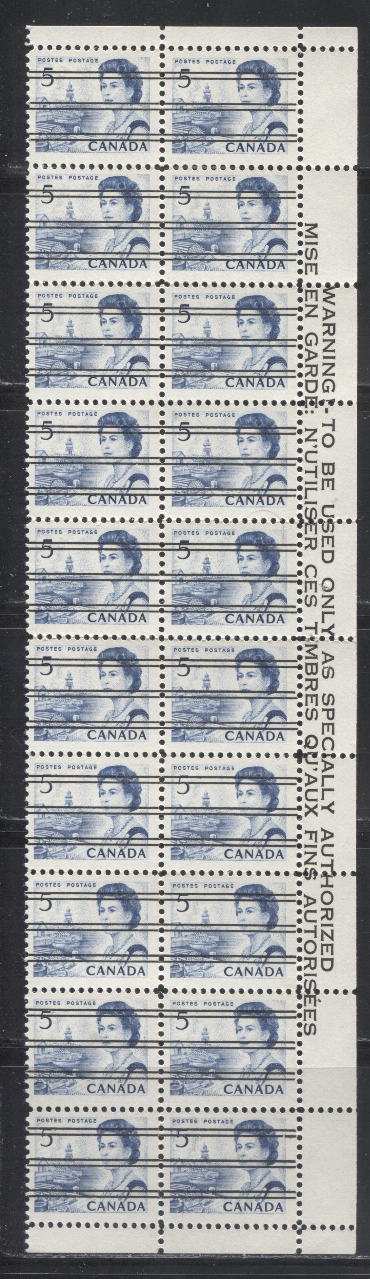Lot 248 Canada #458xx 5c Dark Blue, Atlantic Fishing Village, 1967-1973 Centennial Issue, A Fine Precancelled Warning Strip of 20 From the Right Side of the Pane, DF Greyish Paper, Streaky Dex