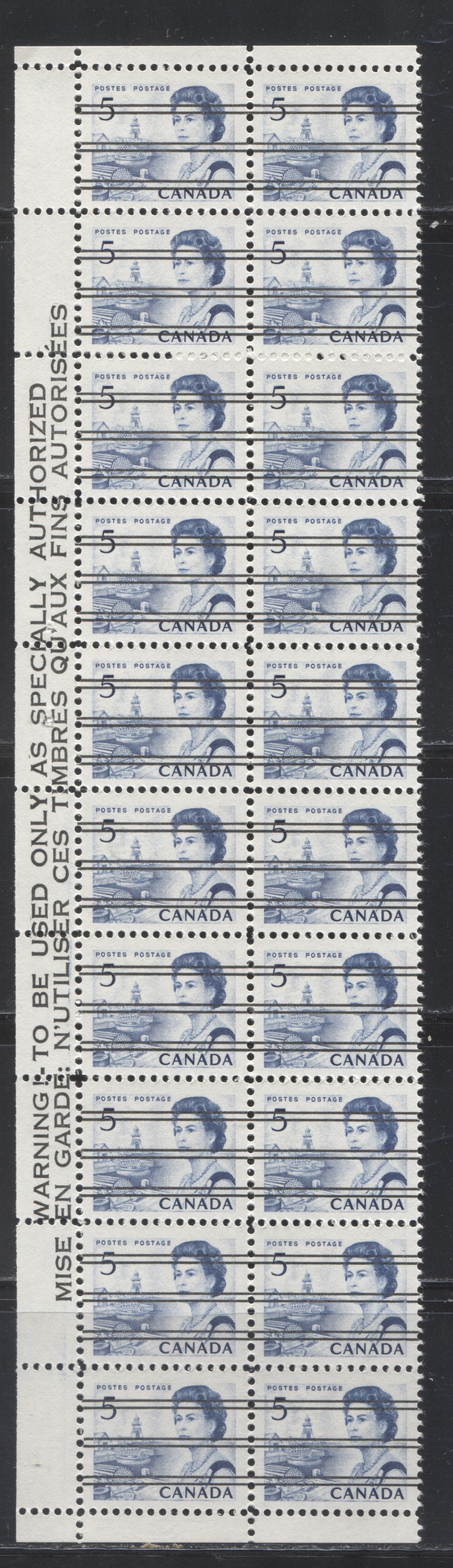 Lot 249 Canada #458xxi 5c Dark Blue, Atlantic Fishing Village, 1967-1973 Centennial Issue, A VFNH Precancelled Warning Strip of 20 From the Left Side of the Pane, HB12 Paper, Streaky Dex