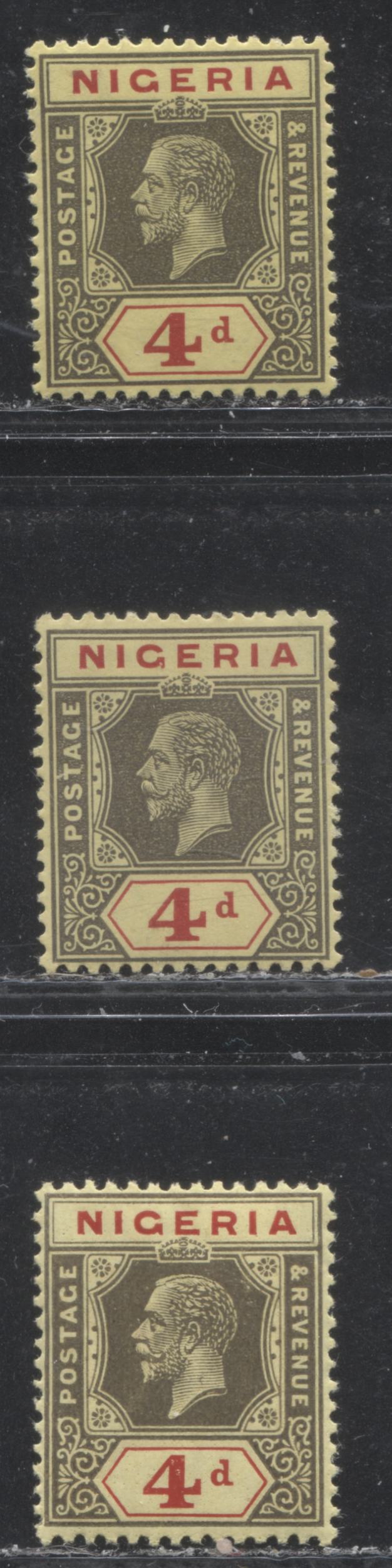 Lot 249 Nigeria SG# 24-24a 4d Grey Black & Carmine Red on Yellow Paper King George V, 1921-1932 Multiple Script CA Imperium Keyplate Issue, Three  VFNH Examples, Dies 1 and 2, All From Different Printings