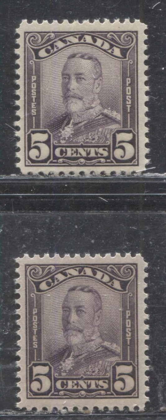 Lot 250 Canada #153 5c Deep Rosy Violet and Blackish Violet King George V, 1928-1929 Scroll Issue, Two VFNH Singles