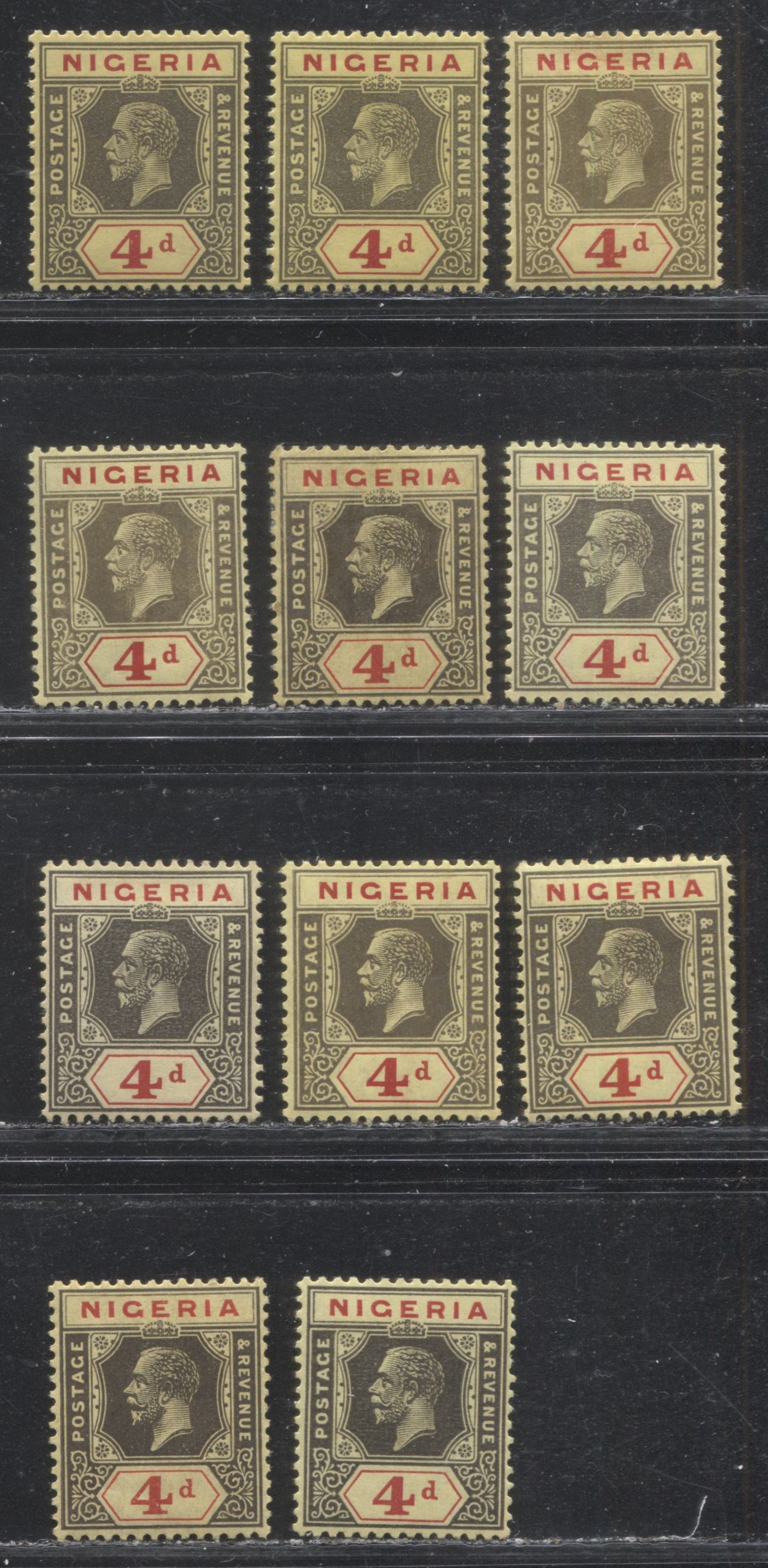 Lot 250 Nigeria SG# 24-24a 4d Grey & Carmine Red, Black & Red and Grey Black & Carmine Red on Yellow Paper King George V, 1921-1932 Multiple Script CA Imperium Keyplate Issue, Eleven Fine OG and VFOG Examples, Dies 1 and 2, All From Different Printings