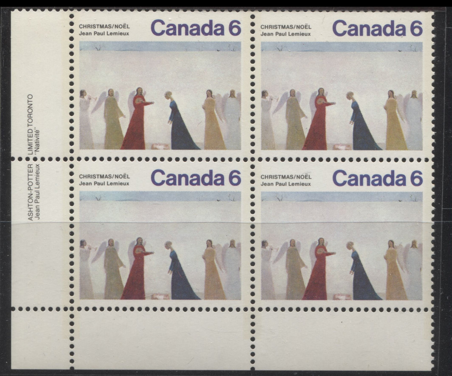 Lot 250 Canada #650ii 6c Multicoloured Nativity, 1974 Christmas Issue, A LL Inscription Block With the Tear on Dress Variety on Position 46, HF/HB Paper