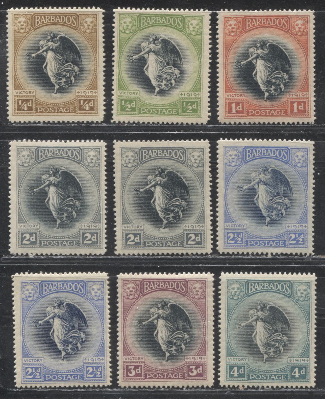 Lot 250 Barbados SG#201-207 1/4d - 4d Black & Bistre Brown - Black & Blue Green Winged Victory, 1920 Victory Issue, Nine Fine and VFOG Examples
