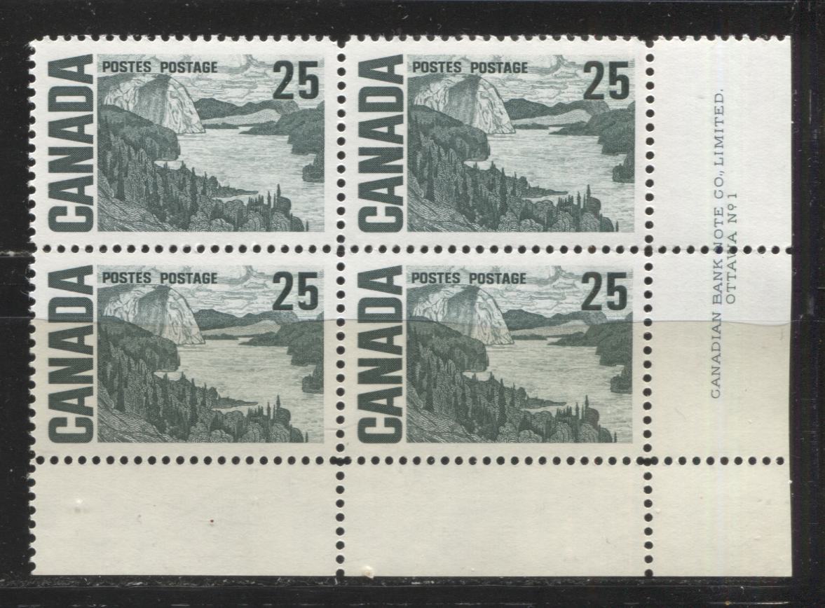 Lot 25 Canada #465i 25c Bluish Slate Green Solemn Land, 1967-1973 Centennial Definitive Issue, A VFNH LR Plate 1 Block of 4 On NF Light Violet Horizontal Wove Paper With Smooth Dex Gum