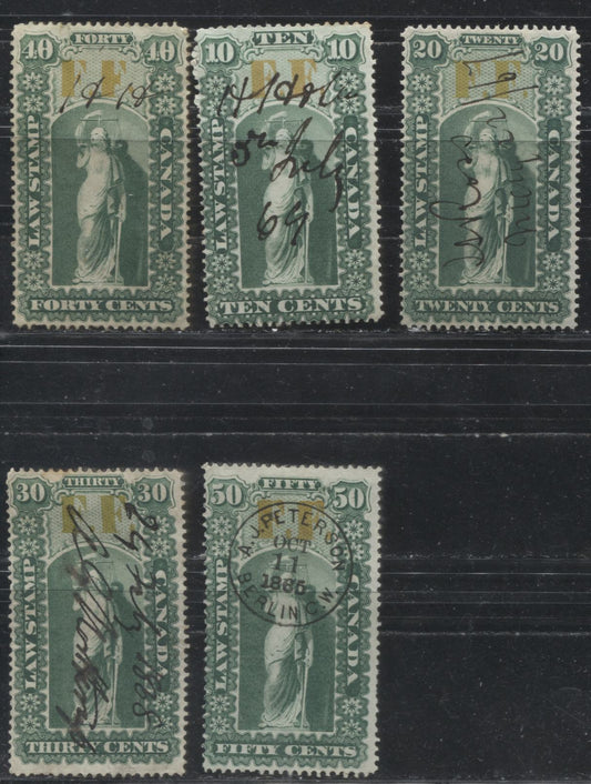 Lot 252 Canada - Province of Ontario #OL17-OL21 10c-50c Green and Yellow Justice 1864 First Law Stamp Issue, VF Used Examples