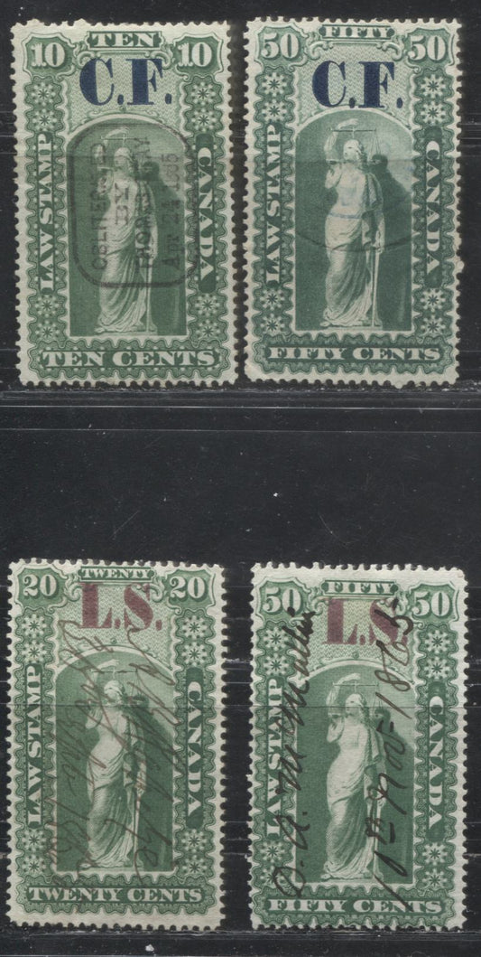 Lot 253 Canada - Province of Ontario #OL2, OL6, OL33, OL36 10c-50c Green & Dark Blue and Green & Deep Mauve Justice 1864 First Law Stamp Issue, VF Used Examples