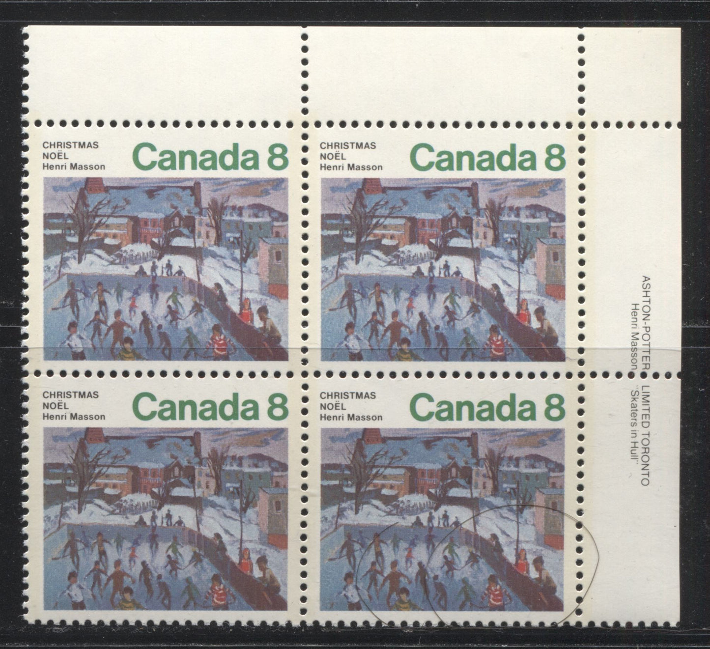 Lot 253 Canada #651i 8c Multicoloured Skaters, 1974 Christmas Issue, An UL Inscription Block on the Scarcer MF/MF Paper
