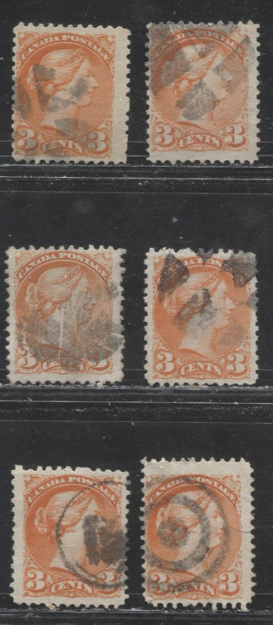 Lot 253 Canada #37ii, 37iii 3c Red Orange, Dull Orange Red and Bright Red Orange Queen Victoria, 1870-1897 Small Queen Issue, A Group of Fine Used Examples Montreal, 11.75 x 12.1, Vertical Wove, Showing a Range of Shades, Different Cork Cancels