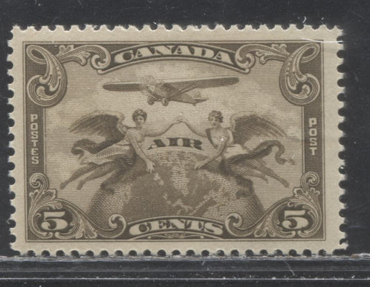 Lot 255 Canada #C1 5c Brown Olive Two Winged Figures Against Globe, 1928 Air Mail Issue, A VFNH Single With Jumbo Margins