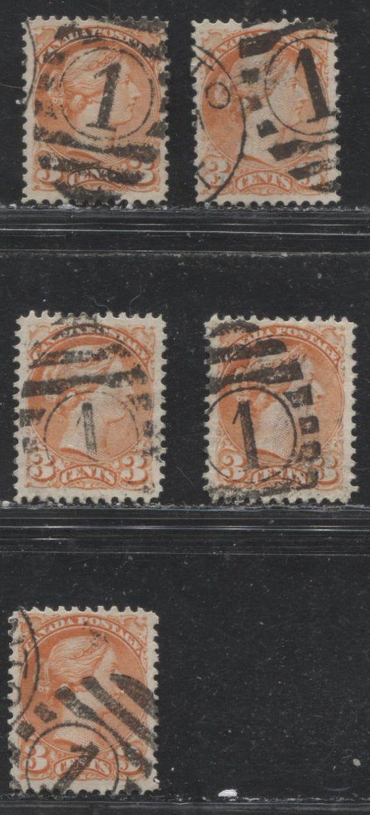 Lot 256 Canada #37iii 3c Red Orange and Orange Red Queen Victoria, 1870-1897 Small Queen Issue, A Group of VF Used Examples Montreal, 11.75 x 12, Vertical Wove , All Cancelled With #1 Toronto Duplex Cancels