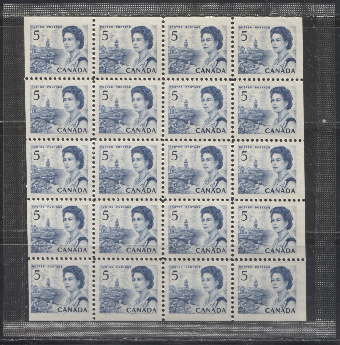 Lot 256 Canada #458b 5c Blue, Atlantic Fishing Village, 1967-1973 Centennial Issue, A VFNH Sealed Cello Paq Containing 1 Pane of 20, No Instructions or Logo, Miscut on Left Side, DF Greyish White, Smooth Dex