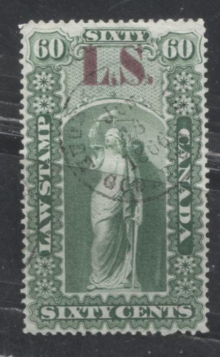 Lot 257 Canada - Province of Ontario #OL37 60c Green & Purple Justice, 1864 First Law Issue Overprinted LS, A VF Used Example With a Beautiful SON cancel