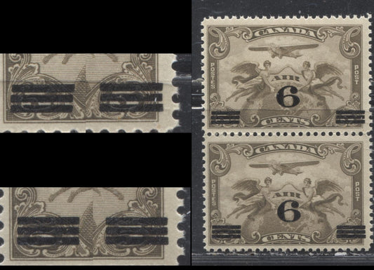Lot 257 Canada #C3Var 6c On 5c Brown Olive Two Winged Figures Against Globe Surcharged, 1928 Air Mail Issue, A Fine NH Vertical Pair With Angled Surcharge Bars On Top Stamp