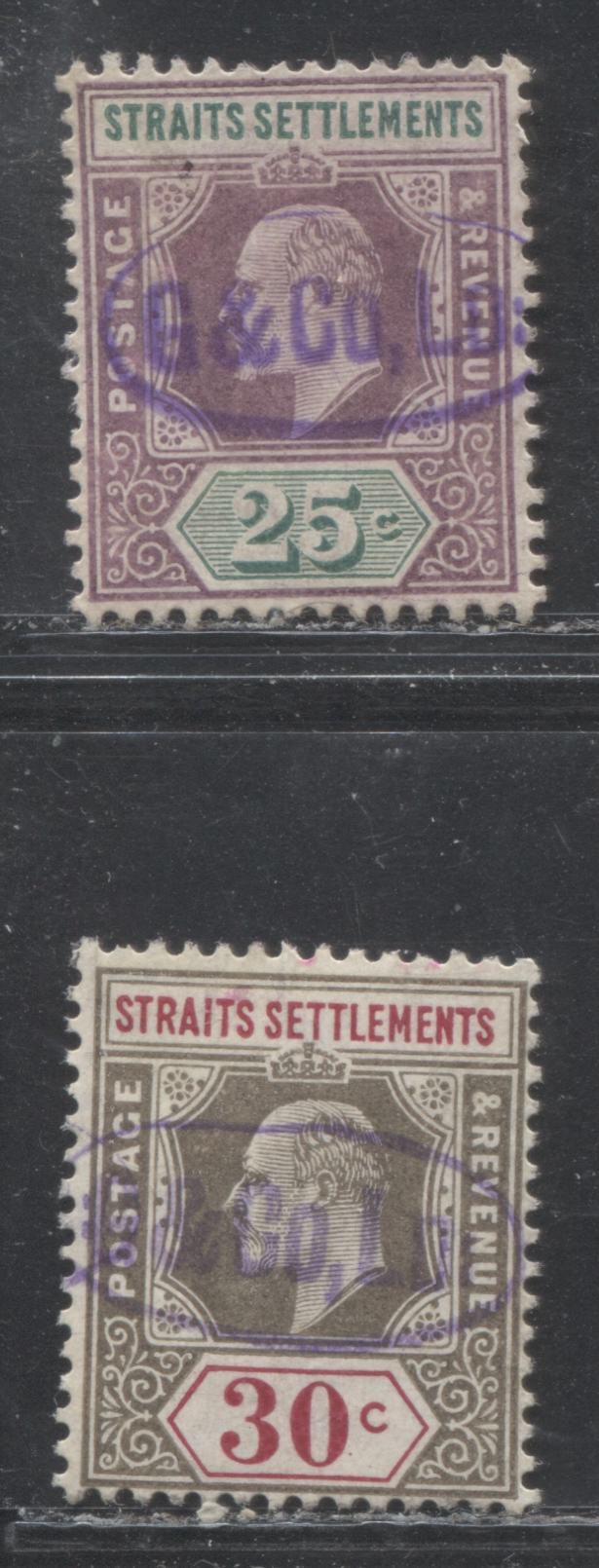 Lot 258 Malaya - Straits Settlements SG#133a, 134a 25c & 30c Dull Purple & Green and Grey Black & Carmine King Edward VII, 1904-1910 Multiple Crown CA Imperium Keyplate Issue, 2 Fine and VF Used Singles, Multiple Crown CA Watermark