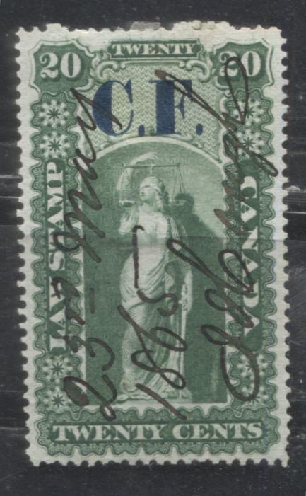 Lot 258 Canada - Province of Ontario #OL3 20c Green & Dark Blue Justice, 1864 First Law Issue Overprinted CF, A VF Used Example