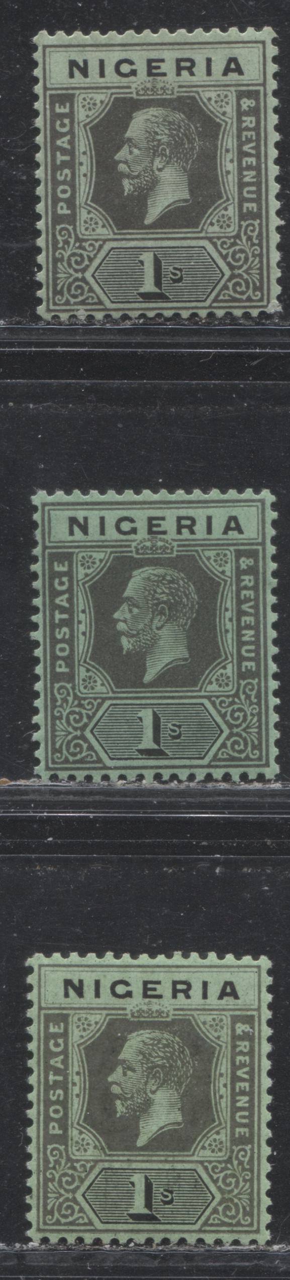 Lot 258 Nigeria SG# 26 1/- Grey Black & Black on Pale Emerald and Emerald Papers With Emerald Blacks King George V, 1921-1932 Multiple Script CA Imperium Keyplate Issue, Three VFOG Examples, Die 2, All From Different Printings