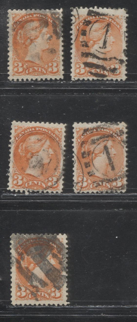 Lot 258 Canada #37 3c Deep Red Orange and Orange Red Queen Victoria, 1870-1897 Small Queen Issue, A Group of VF Used Examples Montreal, Various Perfs, Vertical Wove, Showing a Range of Shades, Different Cancels