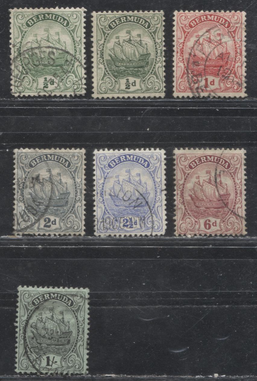 Lot 258 Bermuda SG#45/51 1/2d - 1/- Green - Black on Green Caravel, 1912-25 Multiple Crown CA Caravel Issue, Seven Fine and VF Used Examples