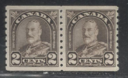 Lot 260 Canada #182 2c Black Brown King George V, 1930-1935 Arch Issue, A VFNH Perf 8.5 Coil Pair, Cream Gum With a Semi-Gloss Sheen & Horizontal Striations