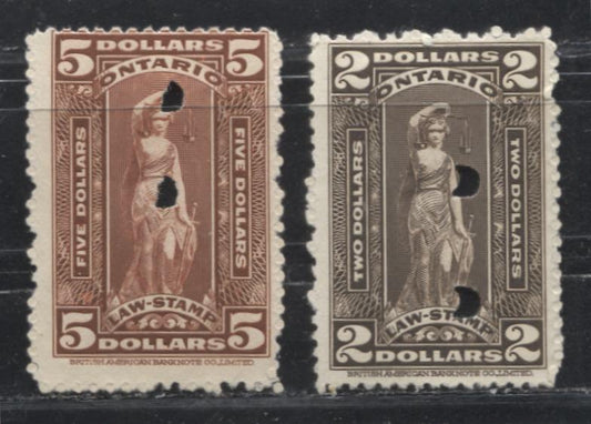 Lot 260 Canada - Province of Ontario #OL76, OL83 2 - 5 Dollars Dark Brown & Red Brown Justice 1929-1940 Fourth Law Stamp Issue, VG and Fine Used Examples