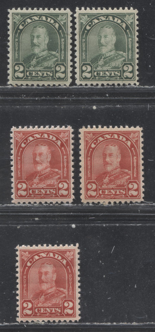 Lot 260 Canada #164-165a 2c Dull Green & Deep Red King George V, 1930-1931 Arch/Leaf Issue, 5 VFNH Singles, Dies 1 & 2 With Additional Shades