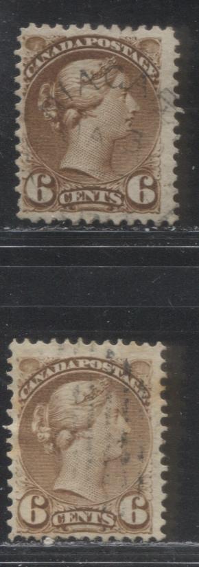 Lot 261 Canada #39 6c Deep Yellow Brown and Yellow Brown Queen Victoria, 1870-1897 Small Queen Issue, Two VG & Fine Used Examples Montreal, 12.2 x 12 and 12.1, Stout Vertical & Medium Vertical Wove, Each a Different Printing
