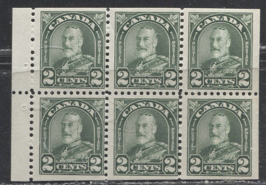 Lot 261 Canada #164a 2c Dull Green King George V, 1930-1931 Arch/Leaf Issue, A Fine NH Flat Press Booklet Pane Of 6, Light Gum Disturbance on 1 Stamp