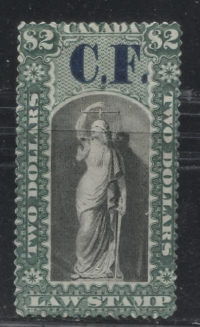 Lot 157 Canada - Province of Ontario #OL12c 2 Dollars Green, Black and Dark Blue Justice 1864 First Law Stamp Issue, A Fine OG Example, Perce En Scie