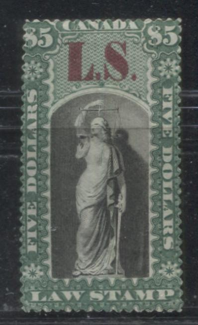 Lot 158 Canada - Province of Ontario #OL45c 5 Dollars Green, Black and Carmine Justice 1864 First Law Stamp Issue, A Fine Used Example, Perce En Scie