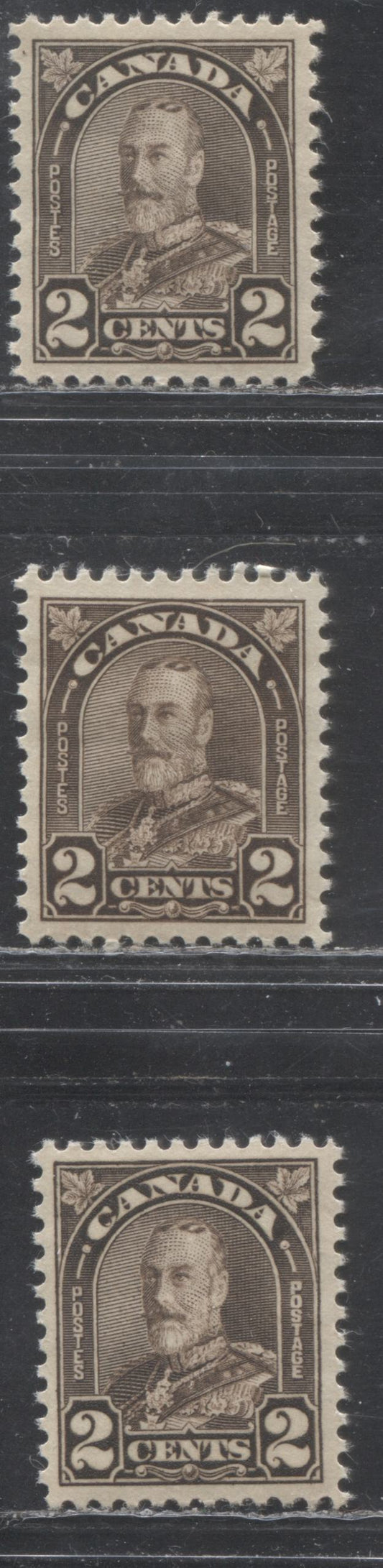 Lot 262 Canada #166-b 2c Dark Brown King George V, 1930-1931 Arch/Leaf Issue, 3 VFNH Singles Showing Additional Shades, Dies 1 and 2