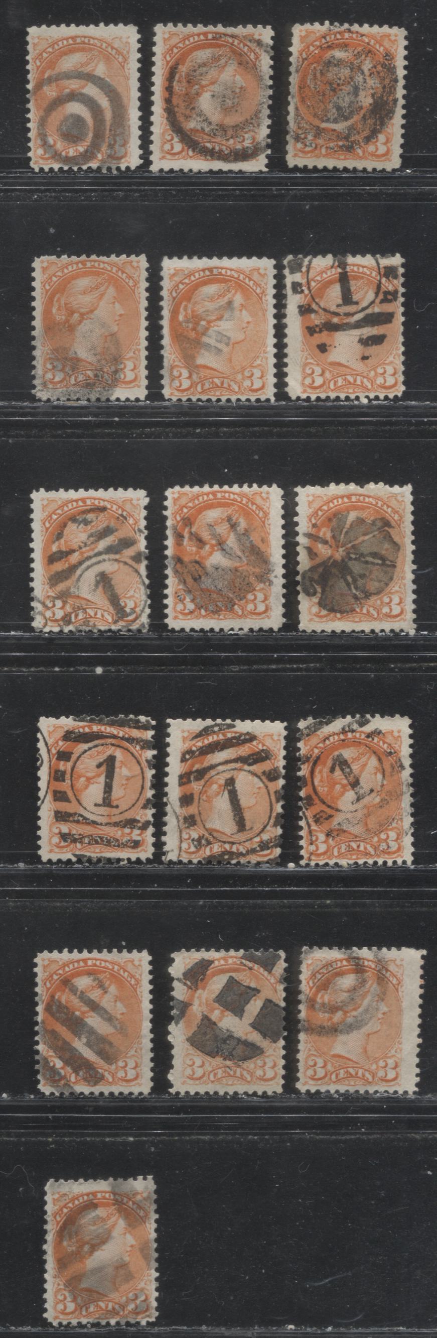 Lot 262 Canada #37 3c Dull Orange Red, Orange Red, Red Orange Queen Victoria, 1870-1897 Small Queen Issue, A Group of Fine Used Examples Montreal, Various Perfs, Vertical Wove, Showing a Range of Shades, Different Cancels