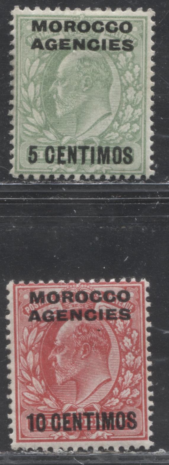 Lot 263 Morocco Agencies - Spanish Currency SG#112-113 5c on 1/2d - 10c on 1d Pale Yellow Green & Scarlet King Edward VII, 1907-1912 Overprinted De La Rue Keyplate Issue, 2 Fine OG Singles, Imperial Crown Watermark, Ordinary Paper