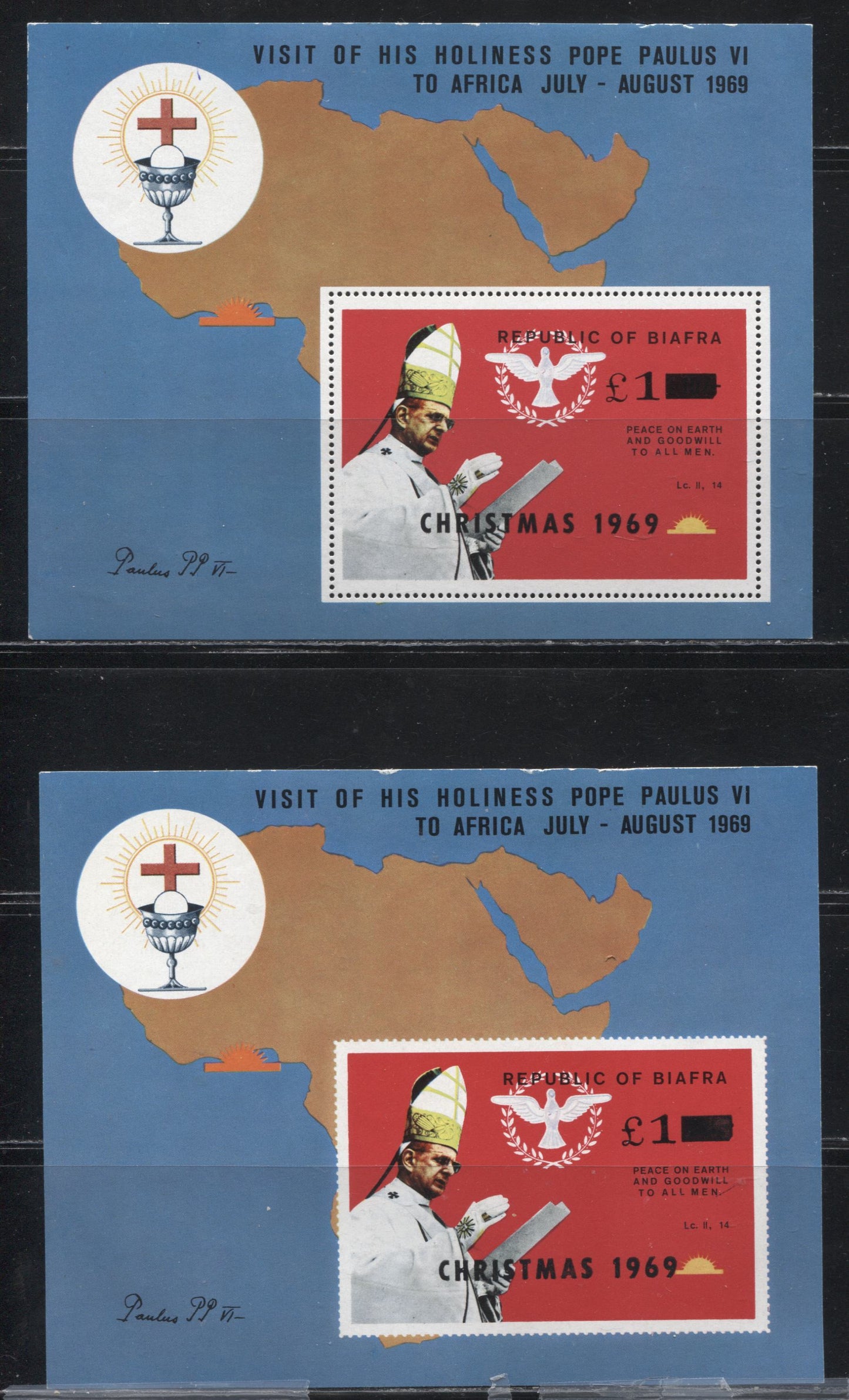 Lot 263 Nigeria - Biafra Unlisted 1969 Pope Paul VI Visit to Africa 4 Perf and Imperf Souvenir Sheets With and Without 1969 Christmas Overprints, Fine NH