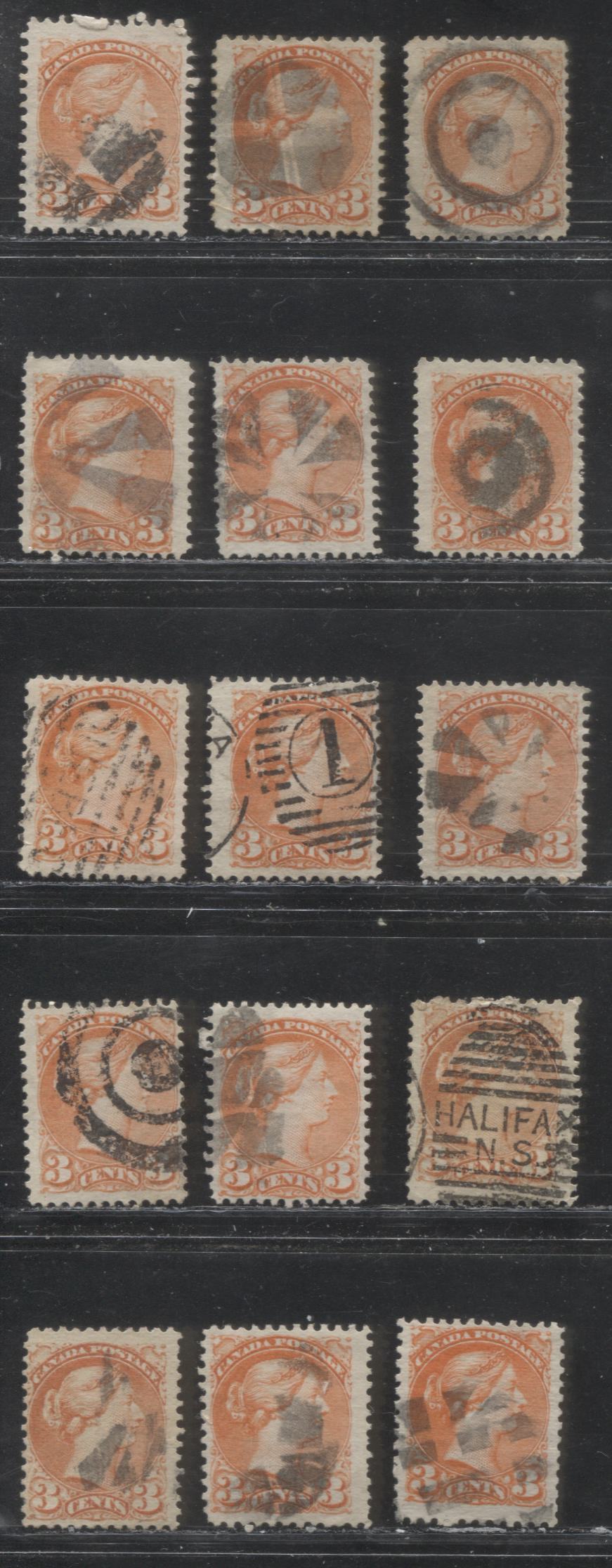 Lot 263 Canada #37, 37c 3c Dull Orange Red, Orange Red, Red Orange & Bright Orange Queen Victoria, 1870-1897 Small Queen Issue, A Group of Fine Used Examples Montreal, Various Perfs, Horizontal Wove, Showing a Range of Shades