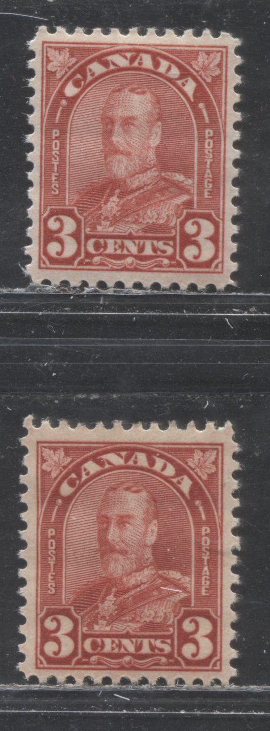 Lot 264 Canada #167 3c Deep Red King George V, 1930-1931 Arch/Leaf Issue, 2 VFNH Singles Showing An Additional Shade