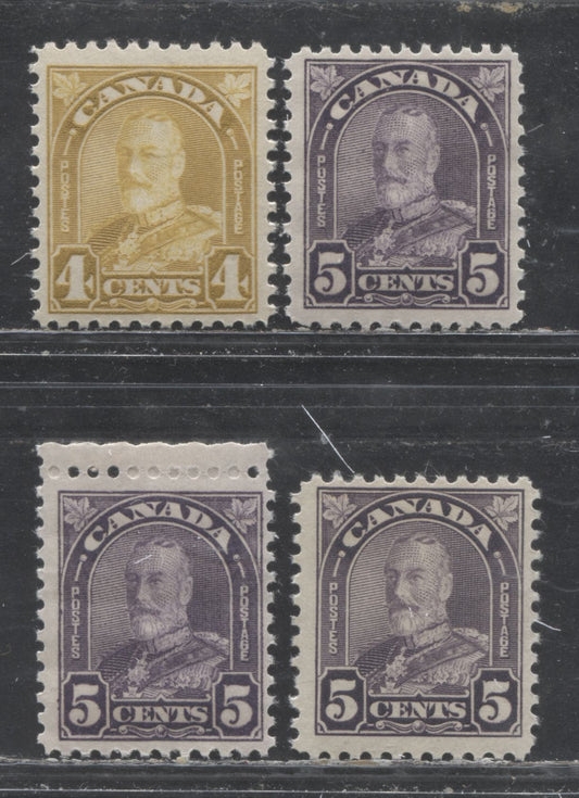 Lot 265 Canada #168,169-a 4c & 5c Yellow Bistre & Dull Violet King George V, 1930-1931 Arch/Leaf Issue, 4 Fine NH Singles Showing Additional Shades