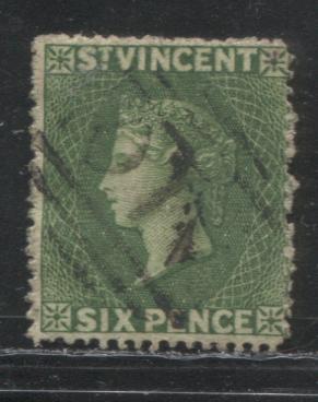 Lot 265 St. Vincent #2 6d Deep Yellow Green Queen Victoria, 1861 Line Engraved Issue, A Fine Used Example, Unwatermarked, Rough to Intermediate Perf. 14-16, With David Brandon Certificate