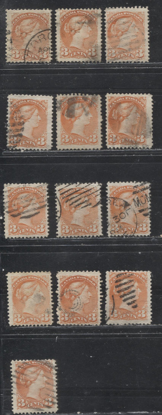 Lot 266 Canada #37, 37c 3c Dull Red, Dull Orange Red, Orange Red, Red Orange & Bright Orange Queen Victoria, 1870-1897 Small Queen Issue, A Group of Fine Used Examples Montreal, Various Perfs, Horizontal Wove, Showing a Range of Shades