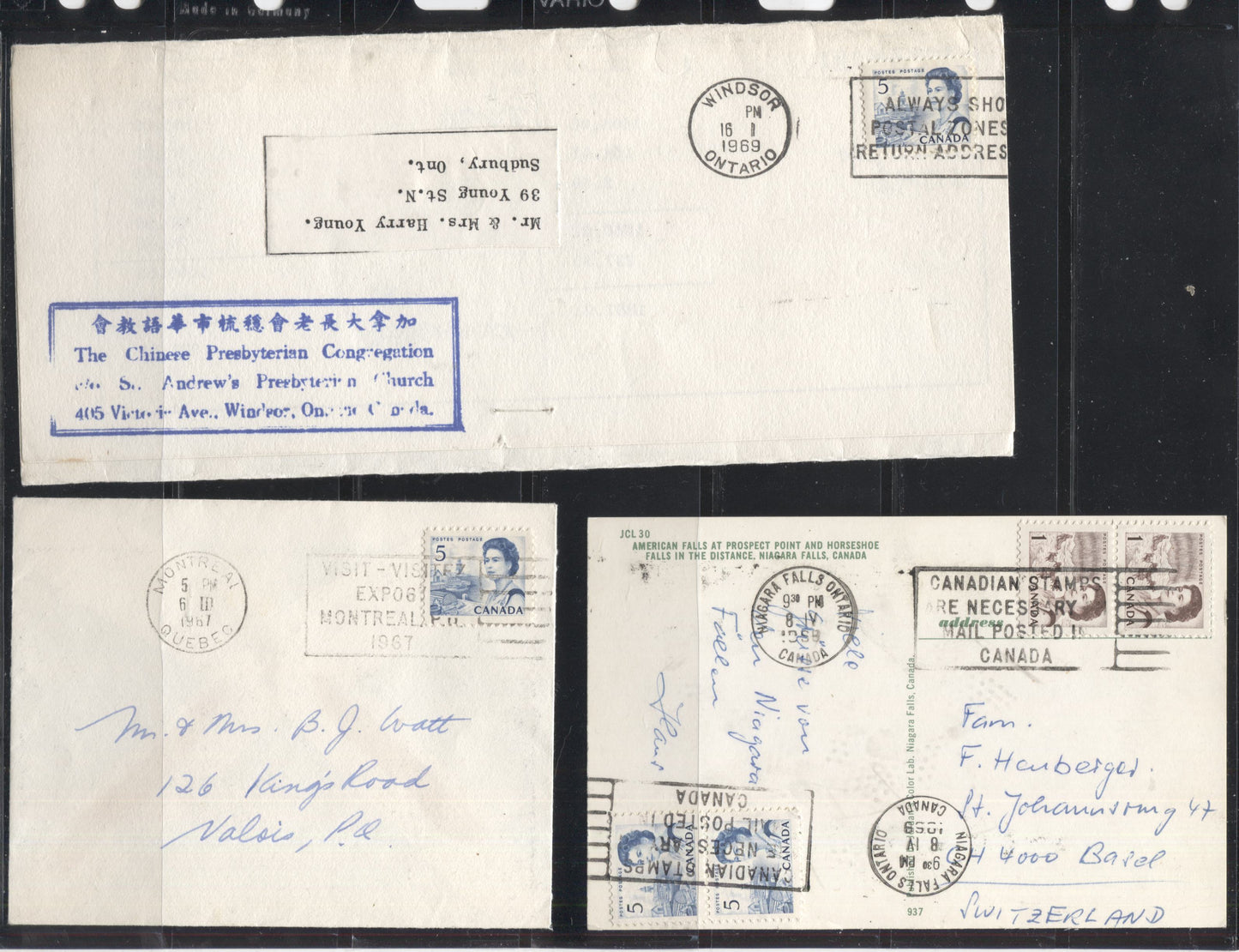 Lot 266 Canada #458, 458i, 458ii, 458iii 5c Deep Blue Atlantic Fishing Village, 1967-1973 Centennial Issue, Usages of DF, NF, LF-fl and HB Papers on 9 Covers and Postcards