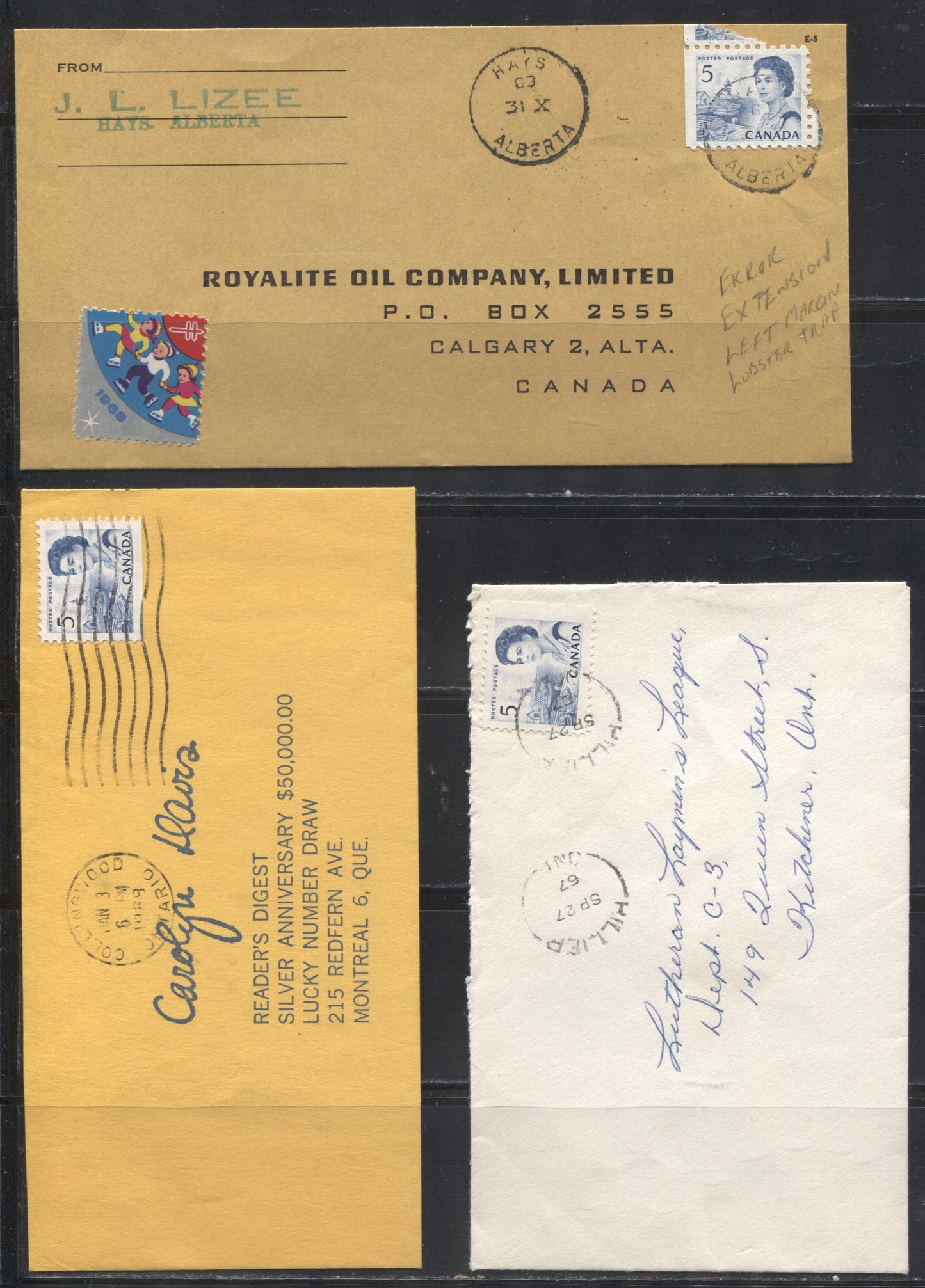 Lot 267 Canada #458as, 458bs, 458di 5c Deep Blue Atlantic Fishing Village, 1967-1973 Centennial Issue, Usages of The Perf. 10 and 12 Booklet Stamps and the Miniature Pane Stamp on Domestic Covers
