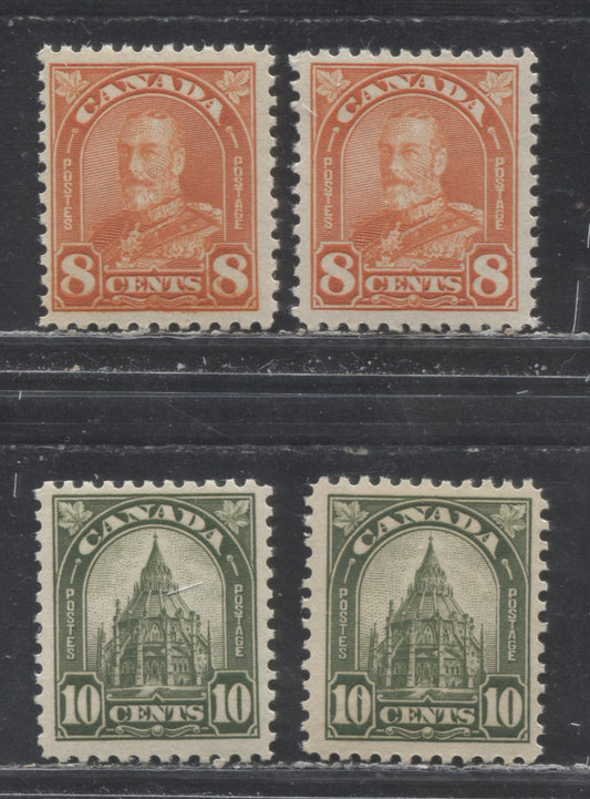 Lot 268 Canada #172-173 8c & 10c Red Orange & Olive Green King George V & Library Of Parliament, 1930-1931 Arch/Leaf Issue, 4 Fine NH Singles With Additional Shades & Gums