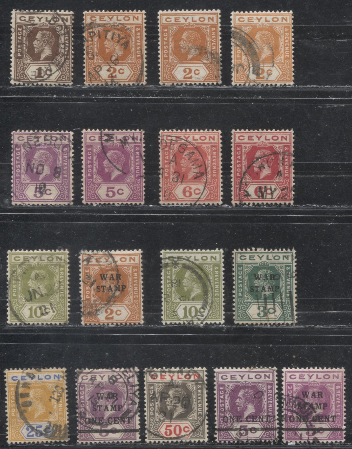 Lot 268 Ceylon SG#301/334 1c - 50c Brown - Grey Black & Carmine King George V, 1912-1925 Multiple Crown CA Imperium Keyplate Issue, Seventeen Fine & VF Used Examples