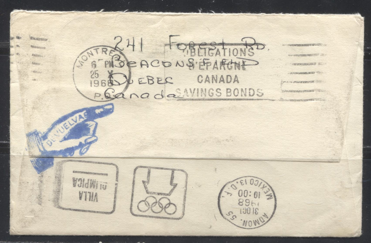 Lot 268 Canada #458d 5c Deep Blue Atlantic Fishing Village, 1967-1973 Centennial Issue, Single Usage of the Perf. 10 Booklet Stamp to Pay the 5c Preferential Airmail Rate to Mexico During the 1968 Olympics