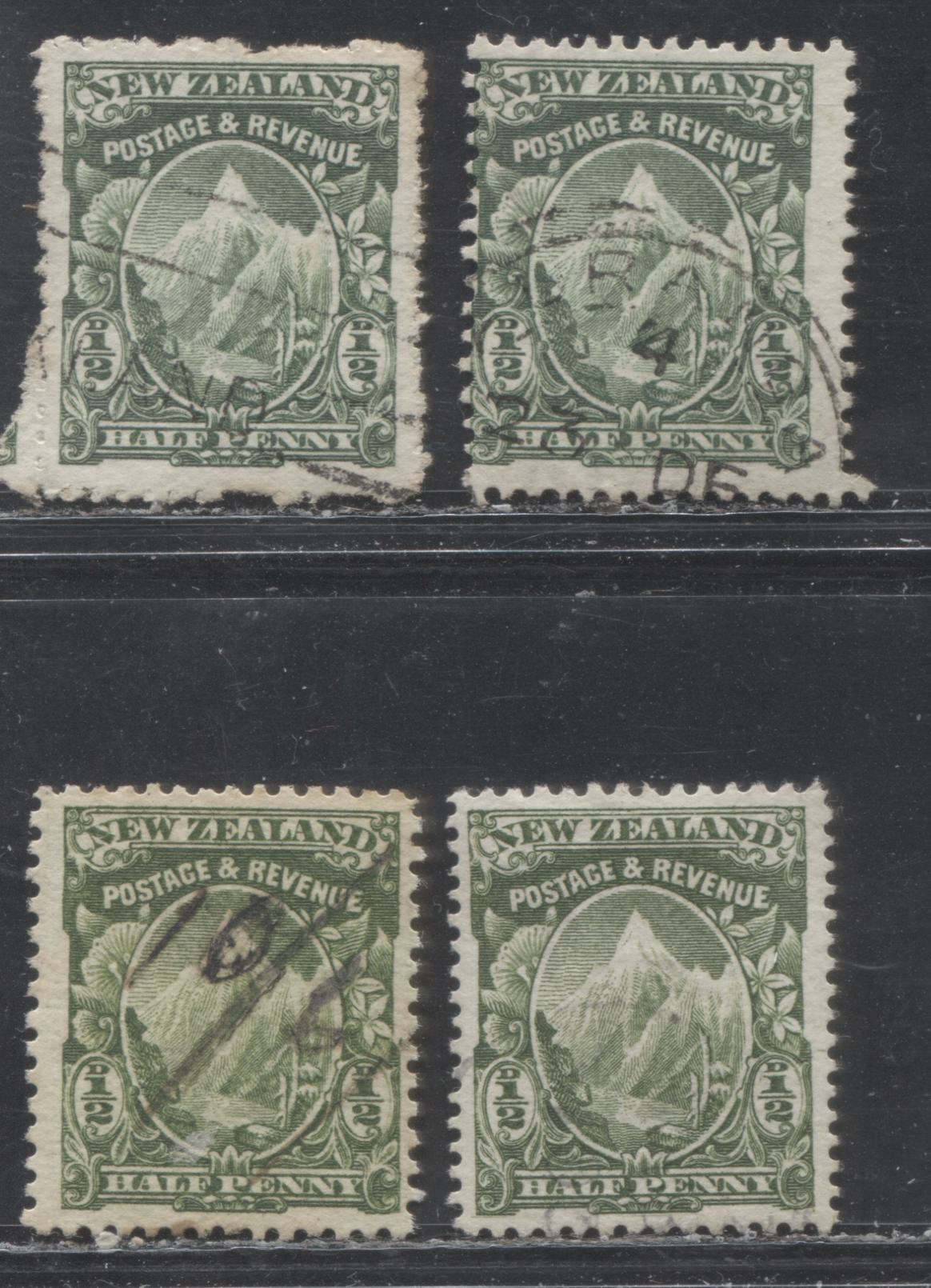 Lot 269 New Zealand SG#374, 377, 377a 1/2d  Green  King Edward VII, 1907-1908 Waterlow Pictorial Definitive Issue, 4 Fine & VF Used Singles, Single Watermark, Cowan Paper, Perf. 14, 14 x 13.25 and 14 x 15