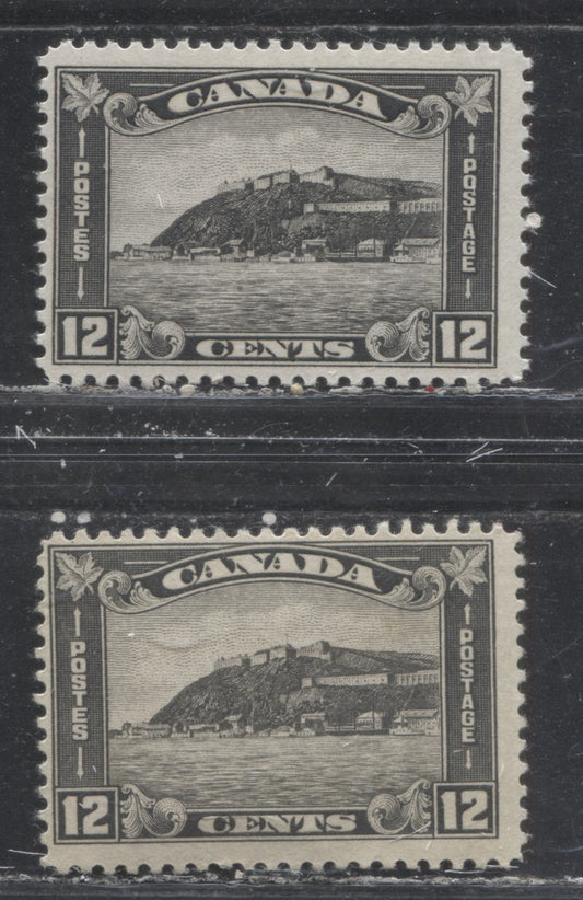 Lot 270 Canada #174 12c Black & Gray Black Quebec Citadel, 1930-1931 Arch/Leaf Issue, 2 Fine NH Singles With Cream & White Gums