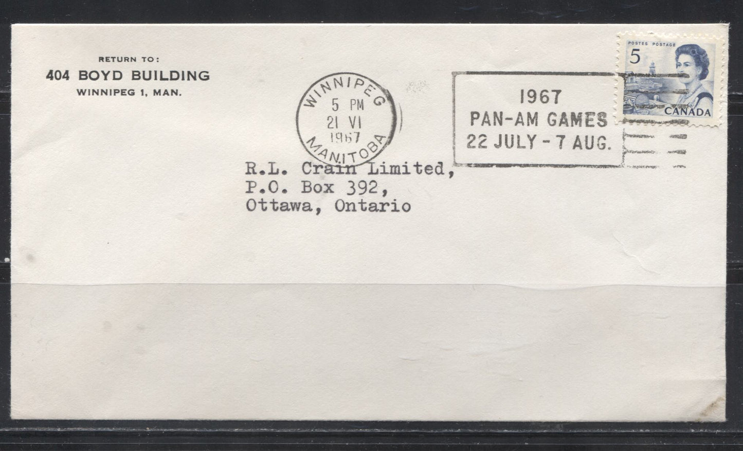 Lot 270 Canada #458p 5c Deep Blue Atlantic Fishing Village, 1967-1973 Centennial Issue, Single Usage of the Winnipeg Tagged Stamp on June 1967 Domestic Cover